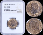 FRANCE: 5 Centimes (1862 A) in bronze with laureate head of Napoleon III facing left. Eagle on reverse. Mint: Paris. Inside slab by NGC "MS 63 RB". (K...