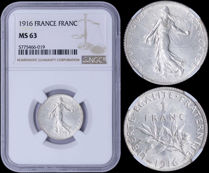 FRANCE: 1 Franc (1916) in silver (0,835) with figure sowind seed. Leafy branch d...