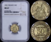 FRANCE: 50 Centimes (1921) in aluminum-bronze with denomination within wreath. Mercury seated facing left, caduceus at left, shield on right and date ...