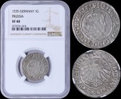 GERMAN STATES / PRUSSIA: 1 Groschen (1535) in silver with head of Sigismund I facing right. Eagle on reverse. Inside slab by NGC "XF 40". (Schulten 28...