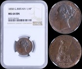 GREAT BRITAIN: 1/4 Penny (Farthing) (1858) in copper with head of Queen Victoria facing left. Britannia seated facing right on reverse. Inside slab by...