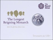 GREAT BRITAIN: 20 Pounds (2015) in silver (0,999) commemorating the longest Reigning Monarch. Inside official blister issued by the Royal Mint. (KM 13...