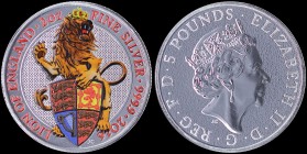 GREAT BRITAIN: 5 Pounds (2016) in colorized silver (0,999) from the Colorized Queens Beasts series with head of Queen Elizabeth II facing right. Color...
