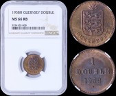 GUERNSEY: 1 Double (1938 H) in bronze with national Arms. Denomination above date on reverse. Inside slab by NGC "MS 66 RB". (KM 11).