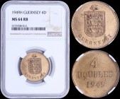 GUERNSEY: 4 Doubles (1949 H) in bronze with national Arms. Denomination above date on reverse. Inside slab by NGC "MS 64 RB". (KM 13).