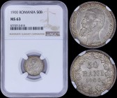 ROMANIA: 50 Bani (1900) in silver (0,835) with head of Carol I facing left. Value and date within wreath on reverse. Inside slab by NGC "MS 63". (KM 2...