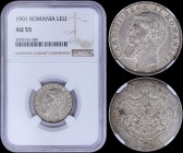 ROMANIA: 1 Leu (1901) in silver (0,835) with head of Carol I facing left. Crowned Arms with supporters within crowned mantle dividing value on reverse...