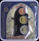 SAN MARINO: Set of 2 Cent + 20 Cent + 2 Euro (2005). Inside official blister commemorating St Francis Gate. (KM 441 + 444 + 447). Brilliant Uncirculat...