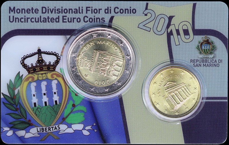 SAN MARINO: Set of 10 Cent + 2 Euro (2010). Inside official coincard. (KM 482 + ...