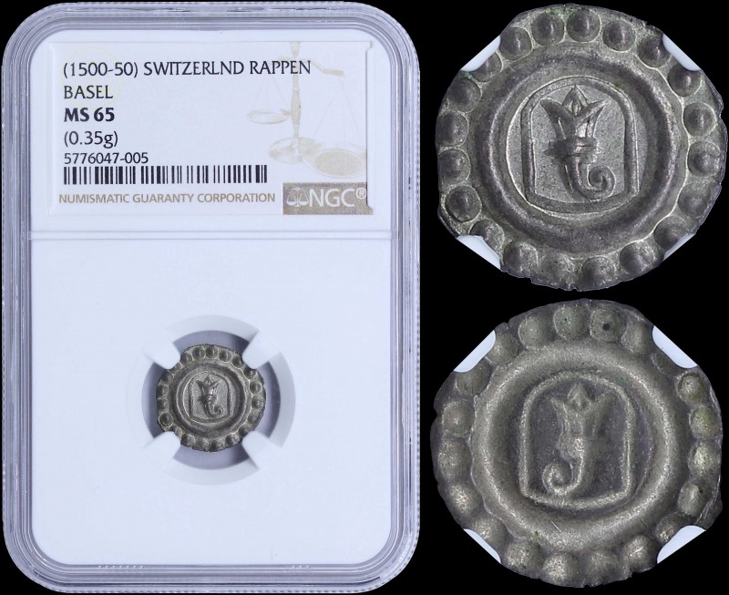 SWISS CANTONS / BASEL: 1 Rappen (1500-50) in silver with Arms of Basel. Incuse o...