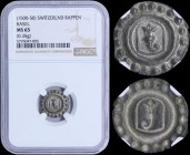 SWISS CANTONS / BASEL: 1 Rappen (1500-50) in silver with Arms of Basel. Incuse of obverse on reverse. Weight: 0,35gr. Inside slab by NGC "MS 65". Top ...