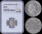 SWITZERLAND: 20 Rappen (1919 B) in nickel with crowned head of Helvetia facing right. Value within wreath on reverse. Inside slab by NGC "MS 63". (KM ...