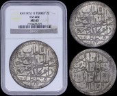 TURKEY: 2 Zolota [AH1187//11 (1785)] in billon. Variety: With large ornament above "Abd" of "Abdul Hamid". Inside slab by NGC "MS 63". (KM 402) & (OC ...