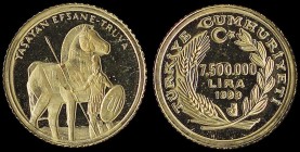 TURKEY: 7500000 Lira (1999) in gold (0,999) with Troyan horse. Value within sprays on reverse. (KM 1187). Proof.