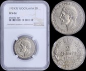 YUGOSLAVIA: 2 Dinara [1925 (b)] in nickel-bronze with head of Alexander I facing left. Denomination and date within crowned wreath on reverse. Inside ...