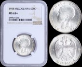 YUGOSLAVIA: 20 Dinara (1938) in silver (0,750) with head of Petar II facing left. Crowned double-headed eagle with shield on breast on reverse. Inside...