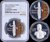 CAMBODIA: 3000 Riels (2001) in silver (0,925) commemorating Apsara Dance with dancer next to multicolor carpet pattern. Armless statue of Jayavaman VI...