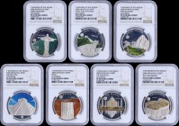 MONGOLIA: 7x 500 Tugrik (2008) complete set of colored commemorative coins for the Wonders of the World (Christ Redeemer, Great Wall of China, Machu P...