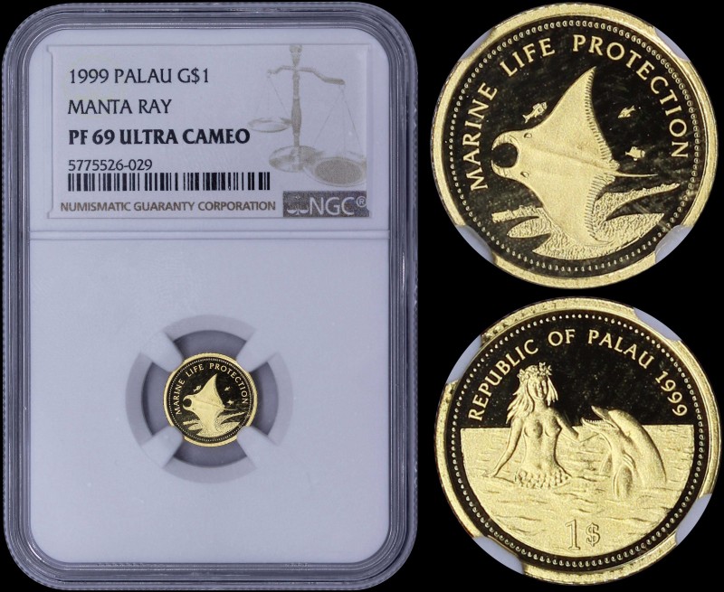 PALAU: 1 Dollar (1999) in gold (0,999) from Marine Life Protection series with m...