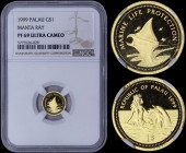 PALAU: 1 Dollar (1999) in gold (0,999) from Marine Life Protection series with mermaid and dolphin. Manta ray on reverse. Inside slab by NGC "PF 69 UL...