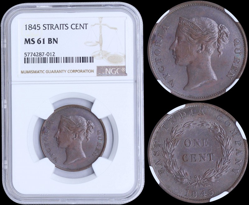 STRAITS SETTLEMENTS: 1 Cent (1845) in copper with crowned head of Queen Victoria...