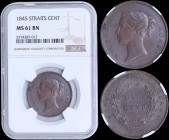 STRAITS SETTLEMENTS: 1 Cent (1845) in copper with crowned head of Queen Victoria facing left on obverse. Value within wreath on reverse. Inside slab b...