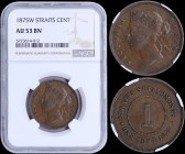STRAITS SETTLEMENTS: 1 Cent (1875 W) in copper with crowned head of Queen Victoria facing left. Value within beaded circle on reverse. Inside slab by ...