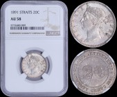 STRAITS SETTLEMENTS: 20 Cents (1891) in silver (0,800) with bust of Queen Victoria facing left. Value within beaded circle on reverse. Inside slab by ...