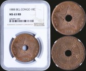 BELGIAN CONGO: 10 Centimes (1888) in copper with crowned monograms circle center hole. Center hole within star on reverse. Inside slab by NGC "MS 63 R...