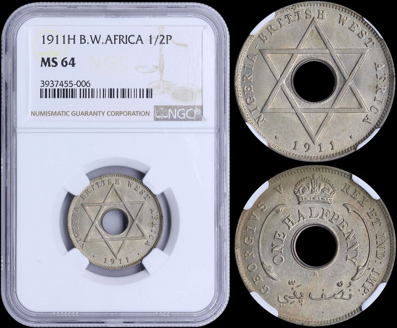 BRITISH WEST AFRICA: 1/2 Penny (1911 H) in copper-nickel with crown above center...