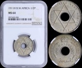 BRITISH WEST AFRICA: 1/2 Penny (1911 H) in copper-nickel with crown above center-hole and denomination around hole in English, in Arabic beneath. Hexa...