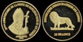CONGO: 20 Francs (2000) in gold (0,999) commemorating the 25th Anniversary since the visit of Pope John Paul II with bust of Pope John Paul II facing ...