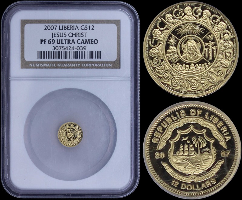 LIBERIA: 12 Dollars (2007) in gold (0,999) with national Arms. Christ at center ...
