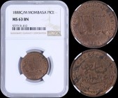 MOMBASA: 1 Pice (1888 C/M) in bronze with small letters and scales above date. Text within beaded circle above sprays, MOMBASA and date above on rever...
