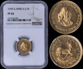 SOUTH AFRICA: 1 Rand (1965) in gold (0,917) with Springbok, date and value. Bust of Jan van Riebeeck on reverse. Inside slab by NGC "PF 65". (KM 63).