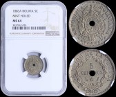 BOLIVIA: 5 Centavos (1883 A) in copper-nickel with crossed flags and weapons behind condortopped oval Arms, stars below. Value within wreath. Variety:...