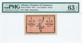 ALBANIA: Unissued remainder of 1 Lire Italiane (May 1924) in black on red unpt with dancing crowned Liberty. S/N: "13202". Without signature or oval h...