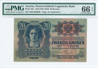 AUSTRIA: 20 Kronen (2.1.1913) in blue on green and red unpt with portrait of woman at upper left and Arms at upper right. S/N: "1033 820289". Inside h...