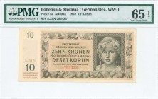 BOHEMIA & MORAVIA: 10 Korun (8.7.1942) in brown on light orange unpt with girl at right. S/N: "S.33N 795433". WMK: Ornaments. Printed by V Neubert (wi...