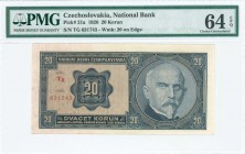 CZECHOSLOVAKIA: 20 Korun (1.10.1926) in blue-violet, brown and red with portrait of General Milan Rastislav Stefanik at left and Arms at right. S/N: "...