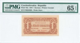 CZECHOSLOVAKIA: 1 Koruna (1944) in red-brown on brown unpt. S/N: "EM932065". WMK: Stars. Printed by Goznak, Moscow (without imprint). Inside holder by...