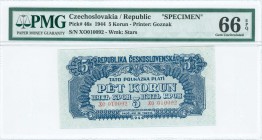 CZECHOSLOVAKIA: Specimen of 5 Korun (1944) in dark blue on light blue unpt. S/N: "XO 010092". Perfin "SPECIMEN" at center. WMK: Stars. Printed by Gozn...