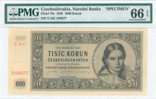 CZECHOSLOVAKIA: Specimen of 1000 Korun (16.5.1945) in dark grayish brown on gray unpt with head of Jana Dvorakova at right. S/N: "S.13C 540577". Perfo...