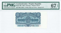 CZECHOSLOVAKIA: 3 Koruny (1953) in blue on light blue unpt with value at center. S/N: "ME113014". WMK: Star in circle. Prtinted by STC, Prague (withou...