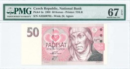 CZECH REPUBLIC: 50 Korun (1993) in violet and black on pink and gray unpt with St Agnes of Bohemia with crown at right and Arms at center right. S/N: ...