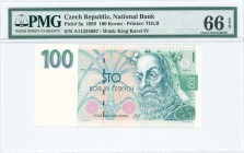 CZECH REPUBLIC: 100 Korun (1993) in blue-green and blue-black on multicolor unpt with King Karel IV at right and Arms at center right. S/N: "A11 23489...
