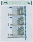 EUROPEAN UNION / GERMANY: Uncut sheet of three banknotes of 5 Euro (2002) in gray and multicolor with gate in classical architecture at right. Continu...