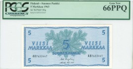 FINLAND: 5 Markkaa (1963) in blue and blue-green with Conifer branch at center. S/N: "AB 7633447". Inside holder by PCGS "Gem New 66 - PPQ". (Pick 99a...