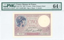 FRANCE: 5 Francs (26.5.1933) in lilac with woman wearing helmet at left. S/N: "V.55493 609". Signatures by Boyer and Strohl. Inside holder by PMG "Cho...