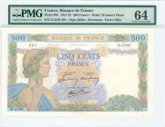 FRANCE: 500 Francs (6.2.1941) in green, lilac and multicolor with Pax with wreath at left. S/N: "D.2193 201". WMK: Pax head. Inside holder by PMG "Cho...